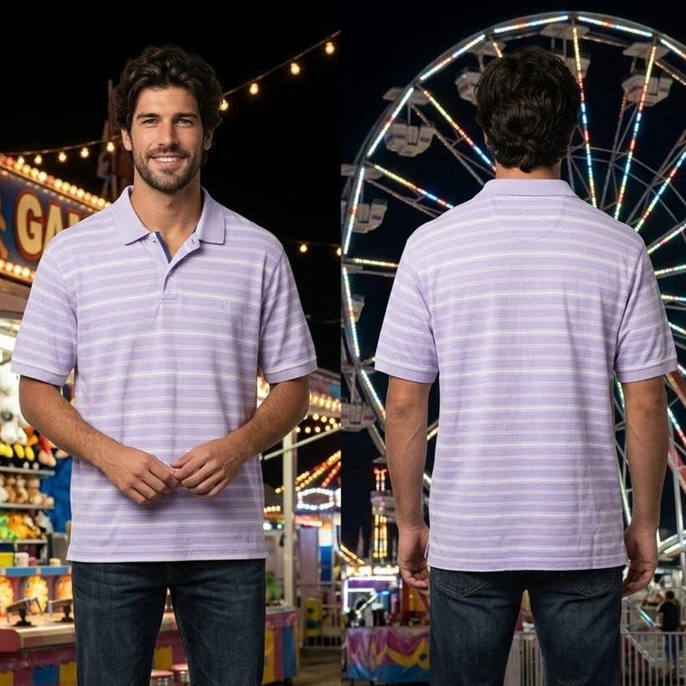 Chaps Shirt Mens XL Purple White Striped Natural Stretch Classic Fit Polo 46 48